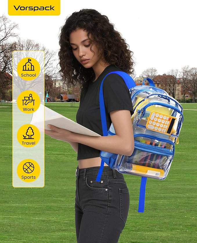 Vorspack Clear Backpack for School - Heavy Duty See Through Bookbag for Girls Boys Large Transparent Backpacks for Work, Travel - Blue