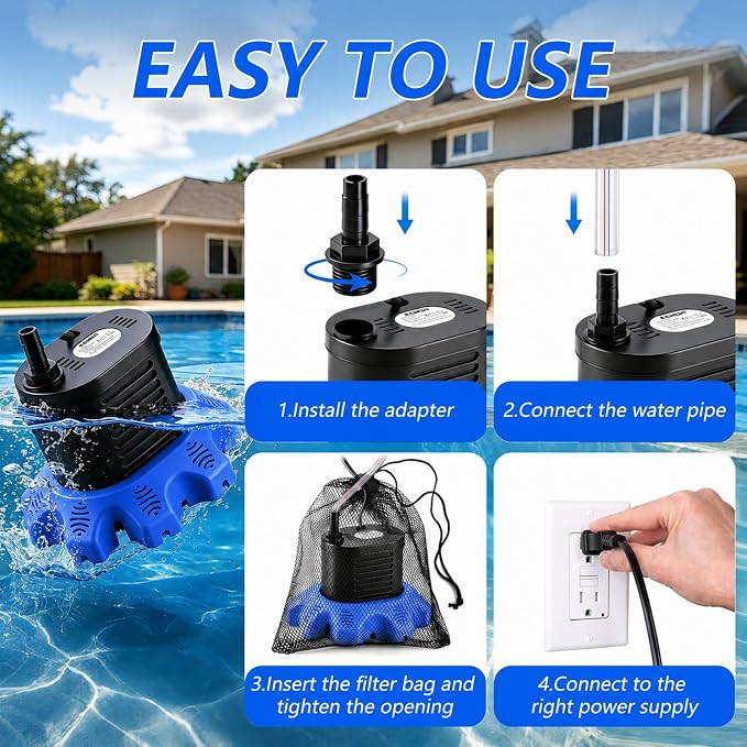 Pool Cover Pump Above Ground, 850 GPH Submersible Sump Pump for Pool Drain | 16FT Drain Hose, 25FT Power Cord, 3 Adapters, Safety and Sturdy, Powerful Water Removal for Pool Cover and Above Ground Pool