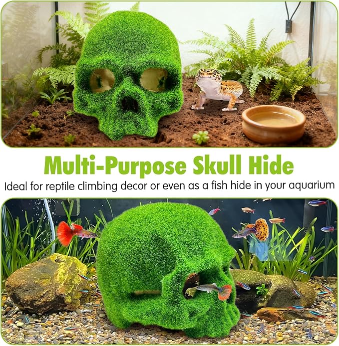 Tfwadmx Mossy Skull Aquarium Decor, Resin Fish Tank Decorations Shrimp Cave Aquarium Betta Fish Hiedout Reptile House for Small Fish