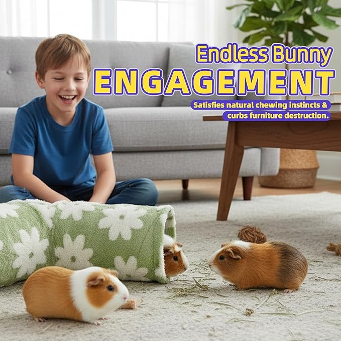Bunny Tunnels & Tubes Collapsible 3 Way Rabbit Hideout with 13pcs Toys for Bunny Guinea Pig Hamster Chinchilla Hedgehog Rat Ferret Kitten (Flannel Flower)