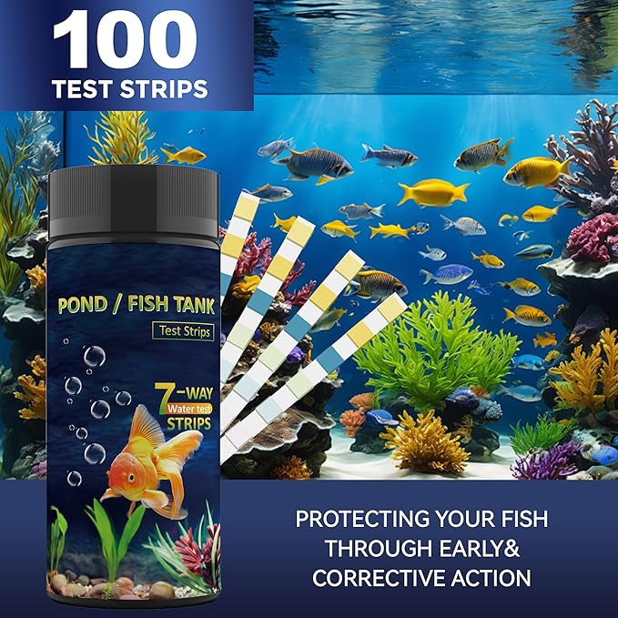 Aquarium Test Kits(100 Strips)-7 in 1 Fish Tank Water Freshwater&Saltwater Quality Test with pH, Carbonate, Alkalinity, Hardness, Chlorine, Nitrite, Nitrate