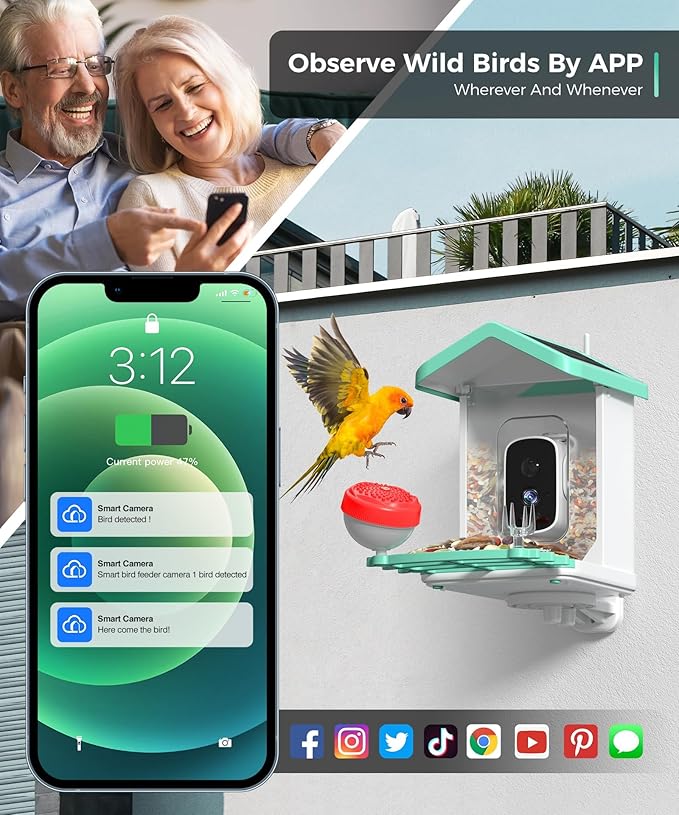Smart Bird Feeder with Camera, Solar Powered Bird Feeder Camera for Outdoors, AI Bird Identification, Auto Capture & App Notification, Waterproof Bird House for Backyard Garden Present