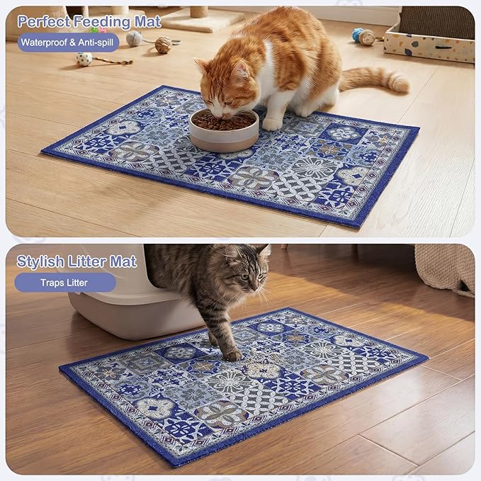 Glittme Cat Litter Mat with Non-Slip Bottom Litter Box Mat 24"X15" Litter Trapping Mat Easy to Clean Washable Cat Food Mat for Kitty,S