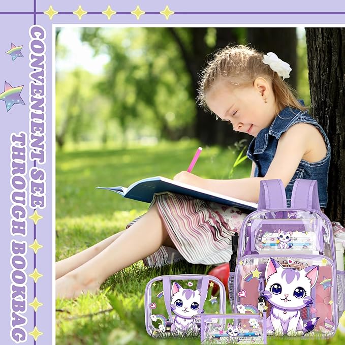 Kacctyen 3 Pcs Clear Backpack Heavy Duty Clear Stadium Bag Transparent Backpack with Lunch Bag(Purple,Cat)
