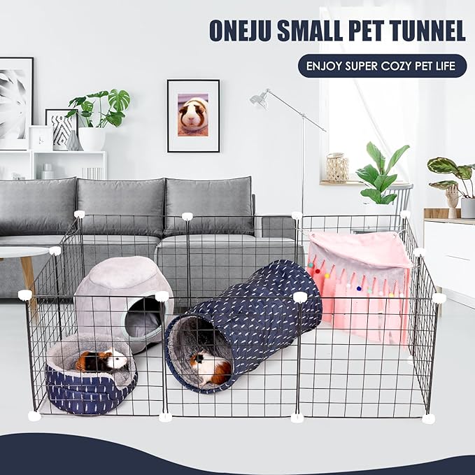Rabbit Tunnel - Guinea Pig Tunnel, Guinea Pig Tube, 2-Way Small Pet Play Tube, Folds Flat for Storage, Ideal for Adult Small Pets, Dark Blue, Leaf Pattern