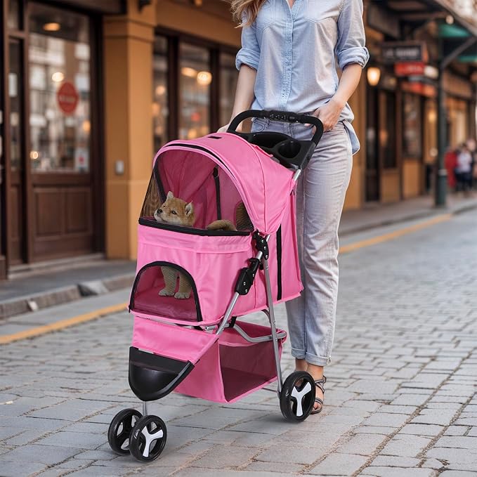 3 Wheels Dog Stroller Folding Pet Strolling Cart for Small Medium Cats Puppies Portable Jogger Travel Camping Puppy Carrier with Storage Basket Cup Holder, Pink