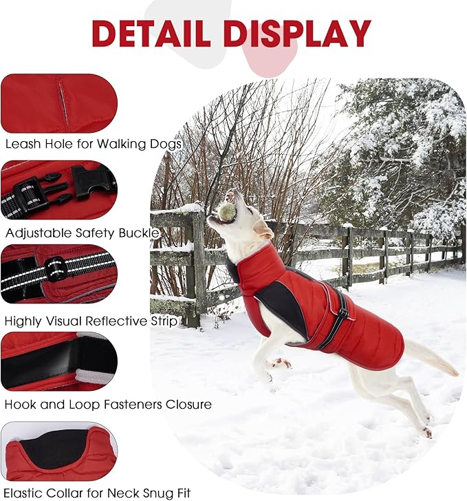 Nanaki Small Dog Coat for Winter Waterproof, Warm Fleece Lining Furry Collar Dog Jacket with Leash Hole, Reflective Adjustable Cold Weather Puppy Jacket Vest, Pullover Pet Snow Suit Male Female,Red S