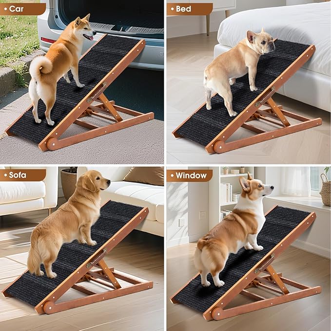 Dog Ramp for Bed - Foldable Small to Large Dog Ramp for Couch - 6 Adjustable Height from 12" to 24" - Stairs with High Traction Mat - Wooden Ramp for Dogs to Get on Bed Couch Car Up to 200LBS(Walnut)