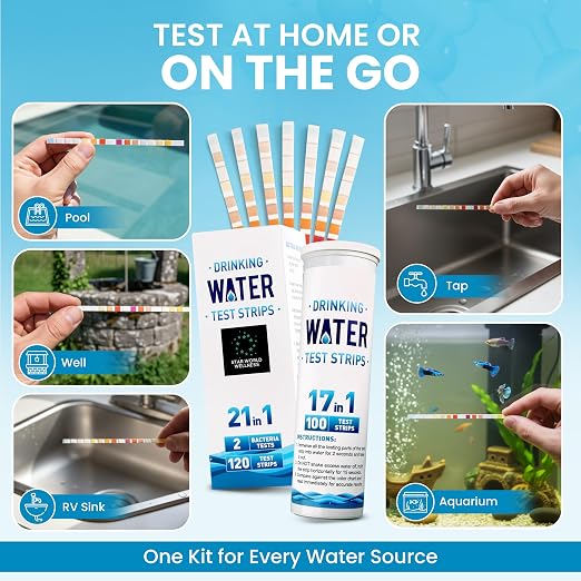 Water Testing Kit for Drinking & Well Water, Home Test Kit | 21-in-1 Kit, 120 Sealed Strips + 2 Bacteria Tests, Detects Lead Chlorine Nitrate Iron pH, Home Tap Well Pool RV Aquarium