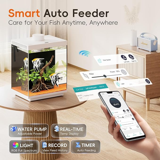 Smart 3.5 Gallon Glass Fish Tank, Aquarium Kit with APP Control and Auto Feeder, Temperature Display, RGB Color Light 3-in-1 Quiet Pump with Filter for Home, Office Corner
