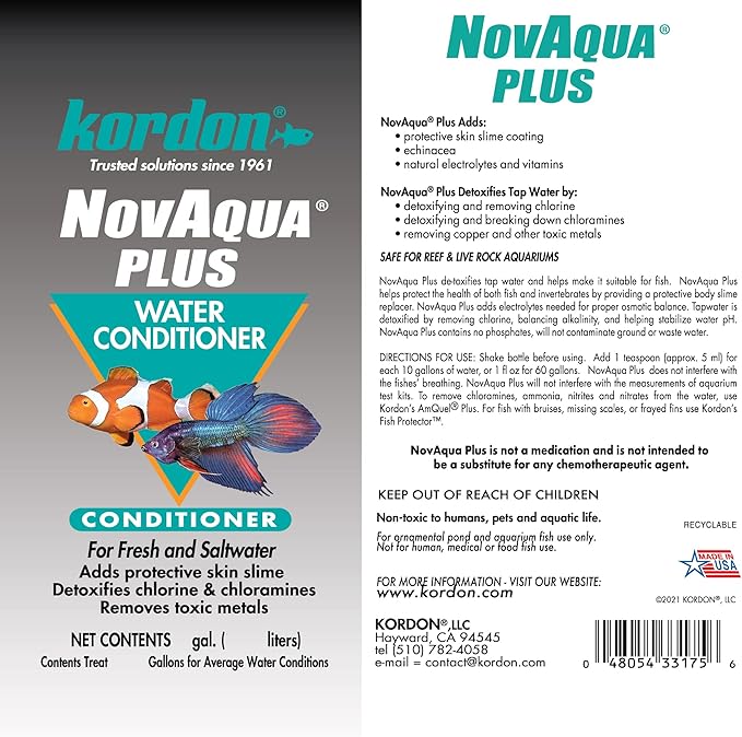 Kordon NOVAQUA Plus - Freshwater & Saltwater Aquarium Water Conditioner – Instantly Detoxifies Chlorine, Chloramines, & Heavy Metals, Replaces Fish Slime Coat, Reduces Fish Stress, 16 Ounces
