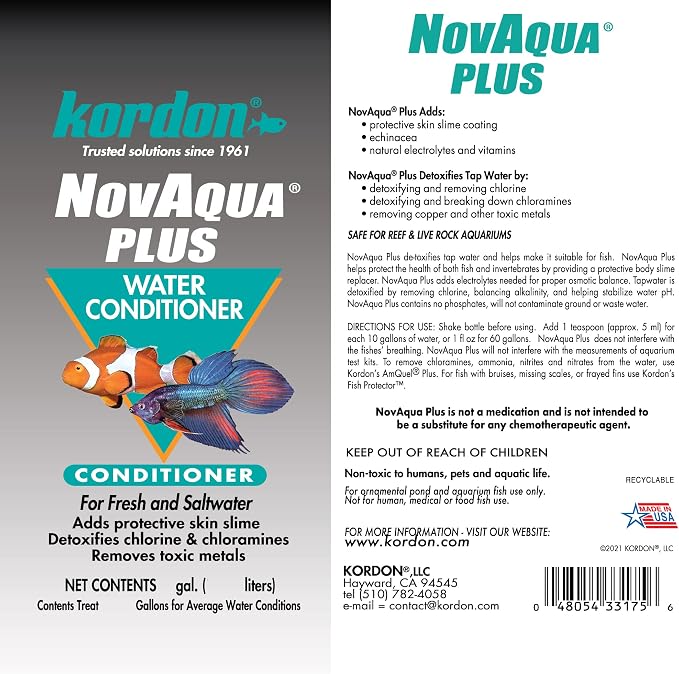Kordon NOVAQUA Plus - Freshwater & Saltwater Aquarium Water Conditioner – Instantly Detoxifies Chlorine, Chloramines, & Heavy Metals, Replaces Fish Slime Coat, Reduces Fish Stress, 1-Gallon