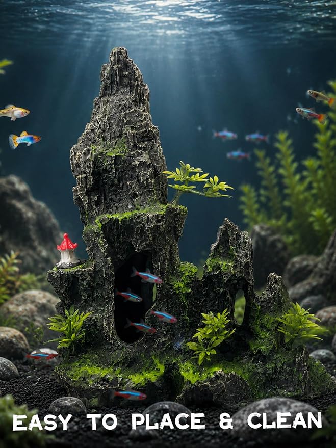 Aquarium Decor - Tall and Large Mountain Rock Ornament with Red Tower for Fish Tank,Aquarium Hideout with Rock Texture for Betta,Guppy,Shrimp-Safe Aquatic Decoration, Fish Hiding House