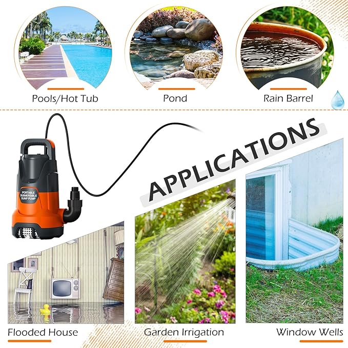 Sump Pump 1HP Clean/Dirty Submersible Water Draining Pump 4500GPH Electric Portable Water Transfer Pumps for Pool Basement Garden Spa Hot Tubs Pond Flood Yard, Orange