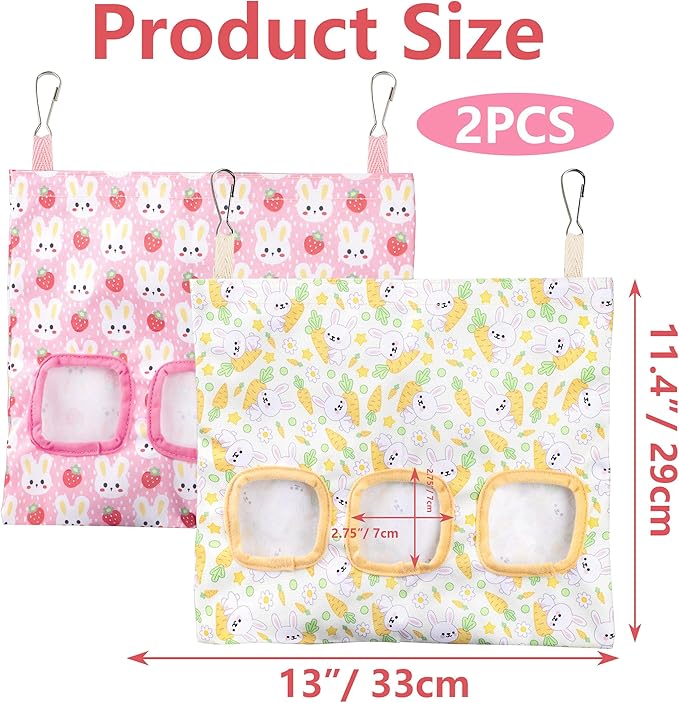Lesnala 2pcs Bunny hay feeder Rabbit hay feeder bag Hanging guinea pig hay bag Large capacity cotton canvas fabric hay bag for Rabbits Bunny Chinchillas Hamsters and Other Small Pets(3 Holes,2 styles)