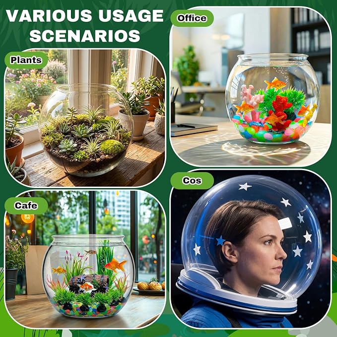 Cinnvoice 521 Pcs Plastic Fish Bowls Starter Kit, 1.5 Gallon & 0.27 Gallon Round Shatterproof Aquarium with Luminous Stones, Artificial Plants, Decor for Betta Goldfish, Small Fish Tank for Office