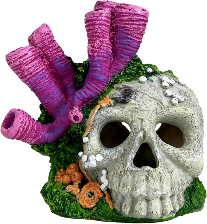 Skull Aquarium Hideout with Coral – Betta Fish Tank Decorations, Shrimp Cave & Small Fish Hideaway, Resin Underwater Skull Decor for Freshwater Aquarium
