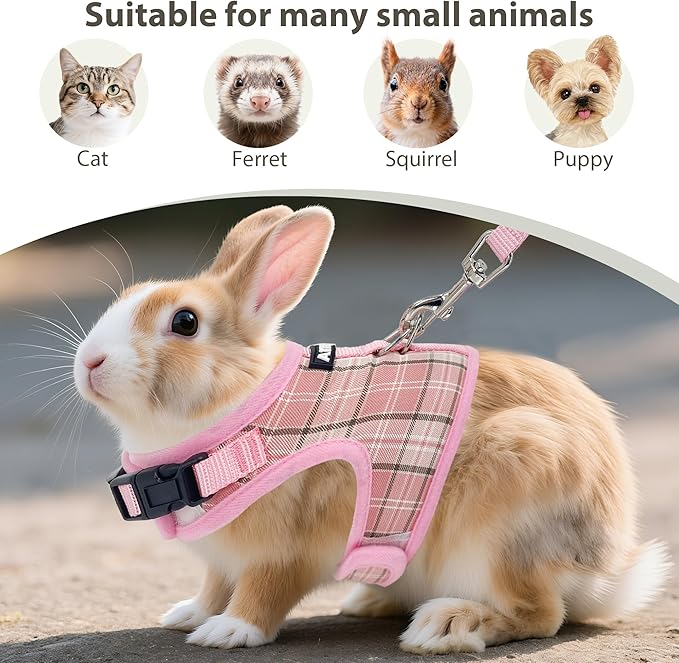 AIITLE Bunny Harness and Leash Set Escape Proof - Magic Tape Design, Lightweight Plaid Pattern Mesh Padding, No Choke No Pull for Puppy Cat Rat Squirrel Ferret, Outdoor Walking Running, Pink S