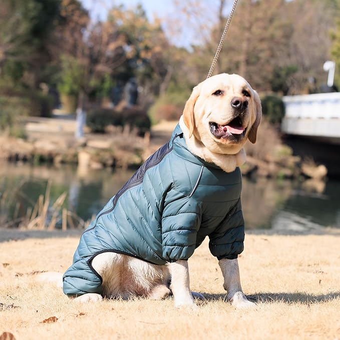 Lovelonglong Dog Coat, 4 Legs Covered Waterproof Windproof Reflective Warm Dog Vest, Zippered Adjustable ArmyGreen XL