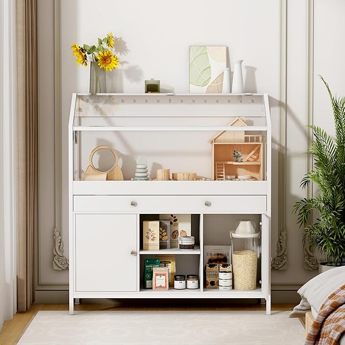 Pipleo Hamster Cage with Storage Cabinet,43.3" Small Animal Cage with LED Lights and Fan, Easy View Acrylic Panel, Large Habitat for Guinea Pig, Hedgehog,Rat 43.3"x 15.7"x 43.3"