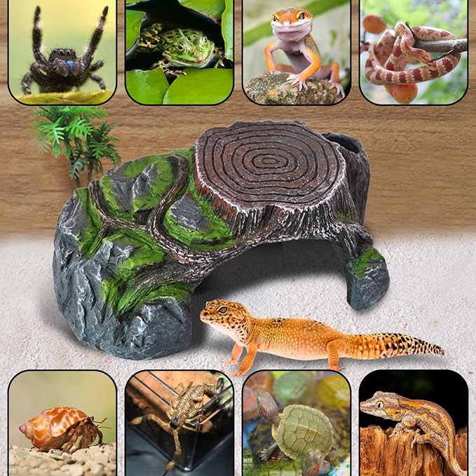 Resin Reptile Hide Cave,Leopard Gecko Cave Hideout Reptiles Habitat Tree Stump Decor Lizard Tank Climbing Ramp Basking Platform Accessories for Gecko Hermit Crab Small Turtle Frog Spider Scorpion