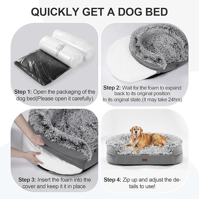 iweepet 3.7 inch Thickened Orthopedic Dog Beds for Extra Large Dogs, Fluffy Supportive Dog Sofa Bed with 28D Egg-Crate Foam, Removable Washable Cover, Waterproof Lining, Cozy Oval Design,Grey