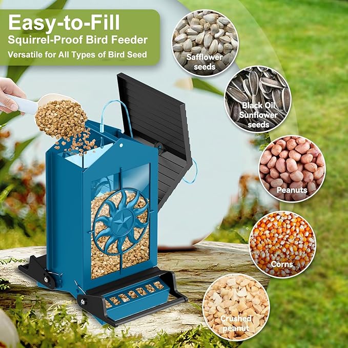 Squirrel Proof Bird Feeders for Outdoors with Weight-Activated, 5LB Large Metal Wild Bird Feeders for Cardinals,Blue Jay,Finch, Weatherproof Durable Hanging Bird Feeder for Backyard,Garden (Blue)
