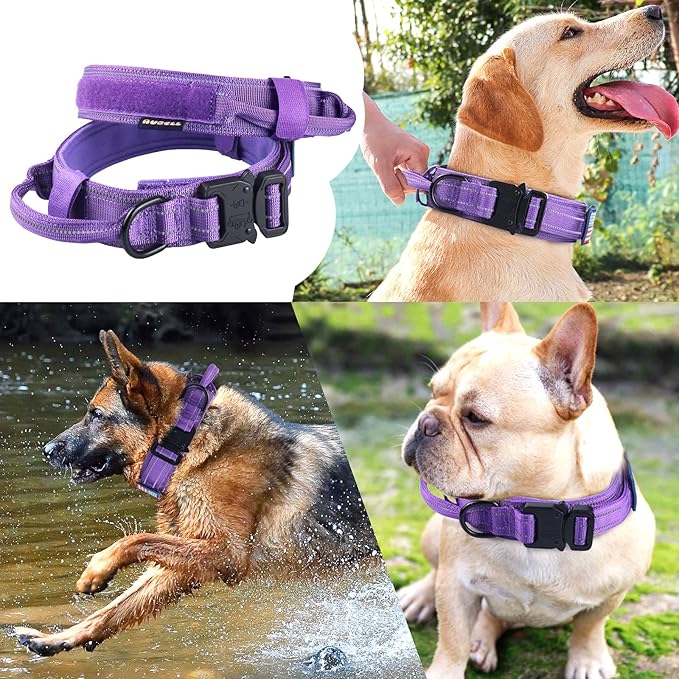 AUBELL Reflective Tactical Dog Collar,Adjustable Military Heavy Duty K9 Collars with Handle and Quick Release Metal Buckle Great for Medium Dogs, with Airtag Case and 2 Patches (Purple,M)