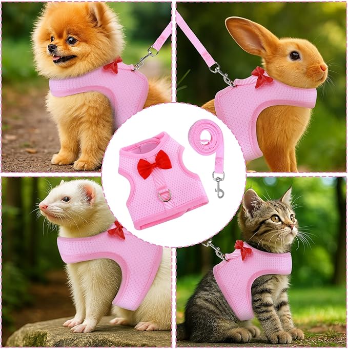 Bunny Harness and Leash Set, Soft Breathable Mesh Rabbit Leash Vest with Safety Buckles, Lightweight Escape-Proof Walking Gear for Rabbits, Kittens, Ferrets, Guinea Pigs, Pink M