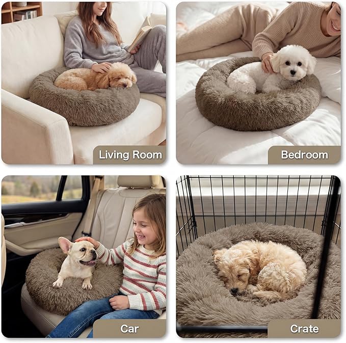 WROS Calming Dog Bed, 20" x 20" x 6" Fits Cat & Dog, Anti-Slip Round Washable Faux Fur for Doze Off, Napping Orthopedic, Khaki