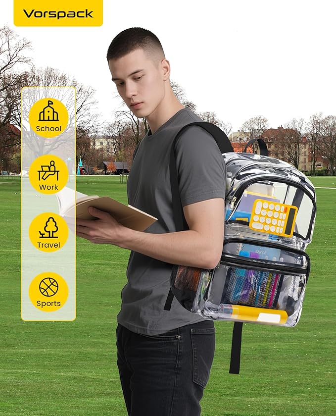 Vorspack Clear Backpack for School - Heavy Duty See Through Bookbag for Girls Boys Extra Large Transparent Backpacks for Work, Travel - Black