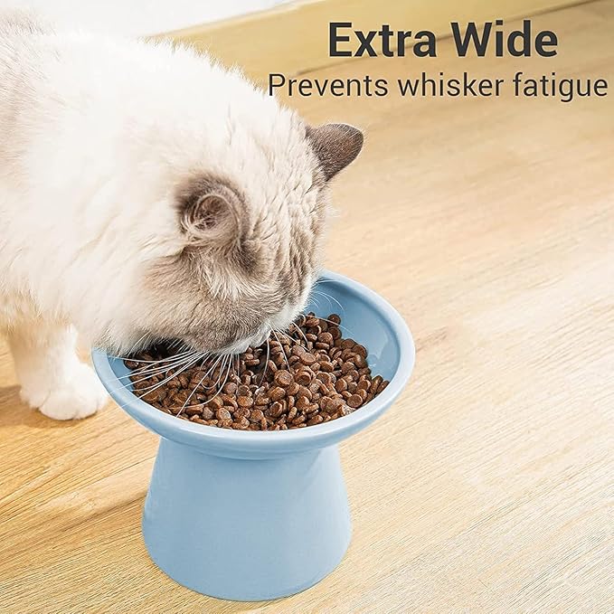 CEEFU Extra Wide Elevated Ceramic Cat Bowl, 6.2" Shallow Dish for Whisker Fatigue Relief, 5" Height for Easy Feeding, Durable Raised Cat Food Bowls, Pack of 2, Blue
