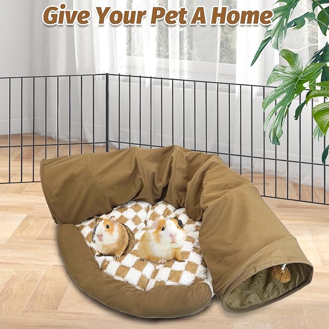 PINVNBY Bunny Tunnel Bed 2-in-1 Removable and Cozy Large Guinea Pig Hideout Tunnel Washable Small Animal Tunnels Tube Toys Guinea Pig Accessories for Rabbit Chinchilla Hedgehog Ferret (Khaki)