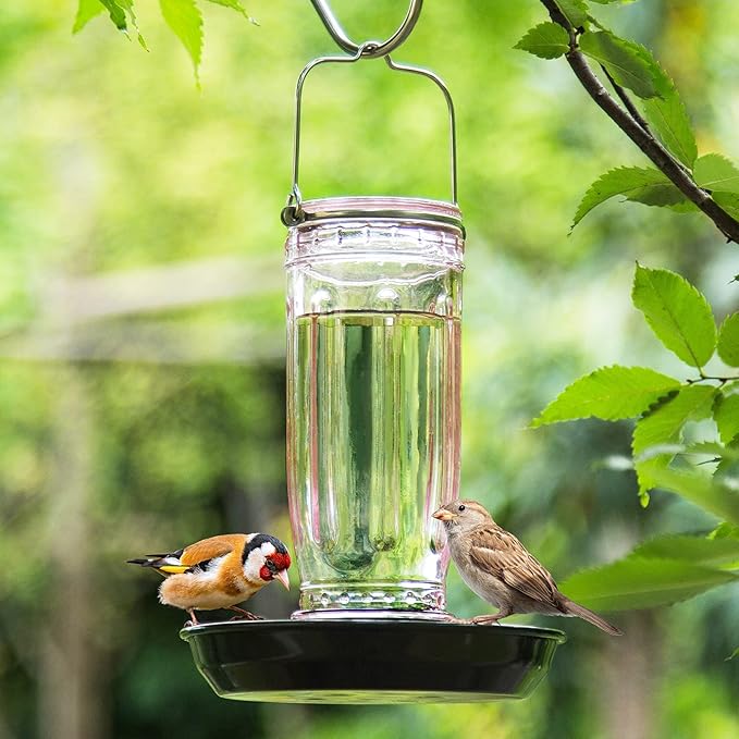 Kingsyard Glass Bird Water Dispenser for Outdoor, 16 Oz, Bird Water Feeder with Metal Hanging for Garden Yard Fence Decoration Hummingbird Cardinal Bluebird Finch, Pink