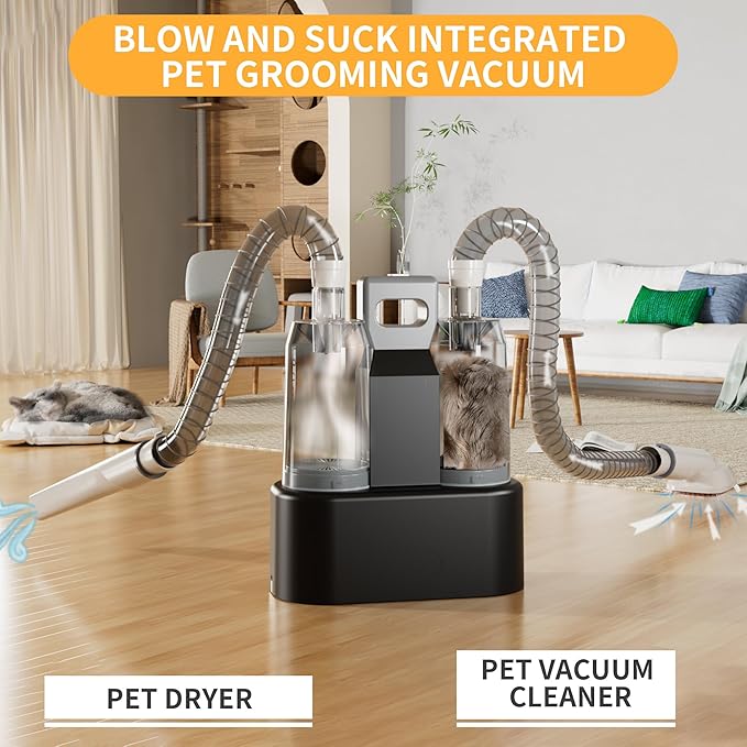 FOTING Dog Grooming Vacuum & Dryer Kit, 2.1L Double Dust Cup 10000pa Dogs Vacuums for Shedding Grooming, 6 in 1 Grooming Tools Cleaning, Low Noise Pet Grooming Vacuum for Dogs, Black