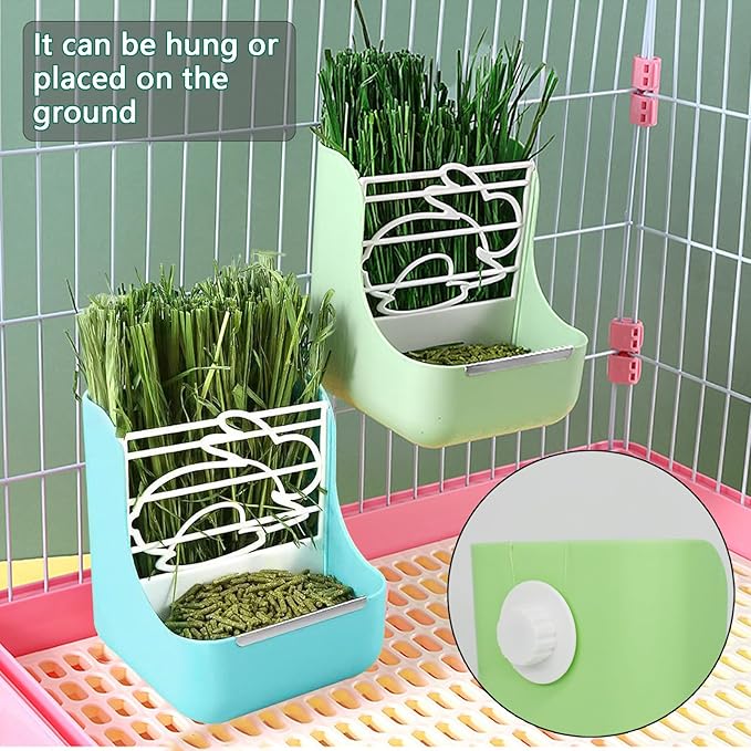 Rabbit Feeder, Hay Food Bin Feeder, Adjustable,Removable Grass Rack, Stainless Steel Edge, for Rabbit, Guinea Pig, Chinchilla (Green)