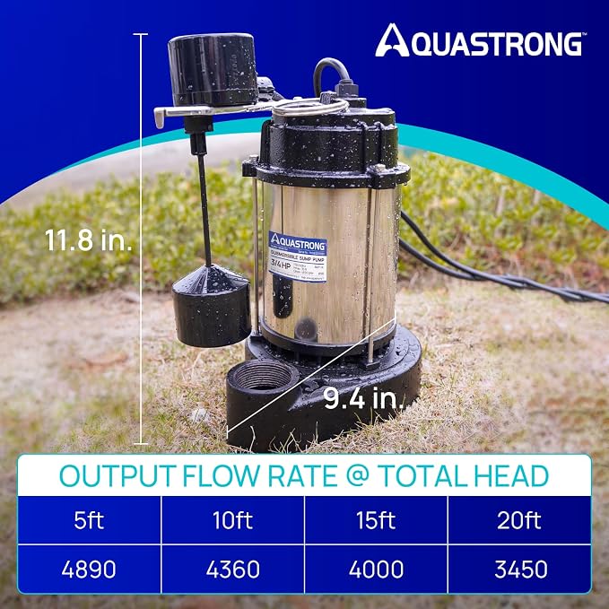 AQUASTRONG 3/4HP Sump Pump, 4890 GPH Submersible Pump, 1-1/2" NPT Discharge | Stainless Steel and Cast Iron Sump Pump, Automatic Integrated Vertical Float Switch with Piggy-back Plug for Basement