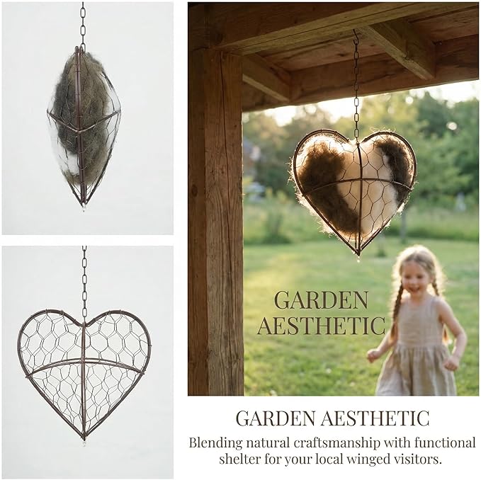 Alpaca Fiber Bird Nesting Heart - Refillable Bird Nesting Material Holder for Wild Birds, Hummingbird Nesting Material, Heart Shaped Nesting Material for Birds, Outdoor Garden Decor