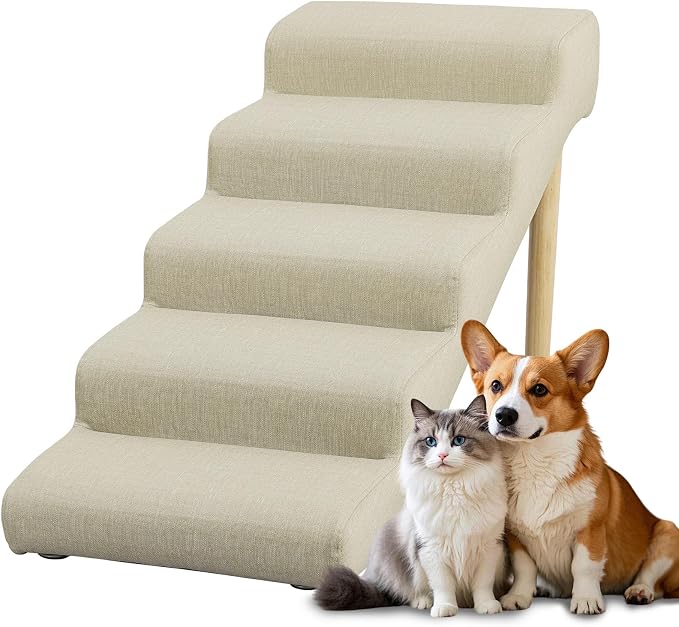 5-Step 23.6" H Dog Stairs for Bed Couch, Waterproof & Scratch PU Leather Pet Steps for Senior Large Dogs and Cats, Dog Ramp with 220 lbs Maximum, Oak Leg & Solid Wood, Non-Slip Feet, Cream