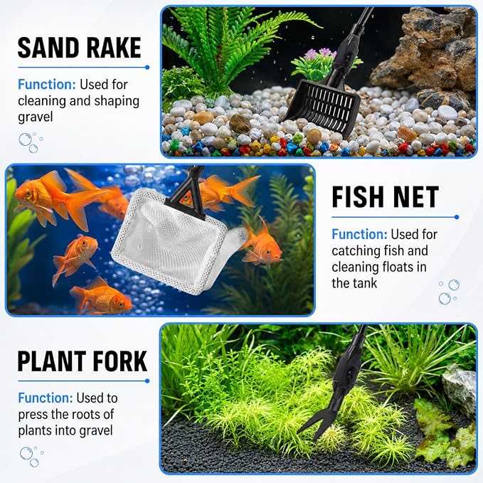 FISORAS Aquarium Cleaning Tools, 7 in 1 Fish Tank Cleaning Kit with Adjustable Long Handle,Aquarium Sponge Brush and Fish Net