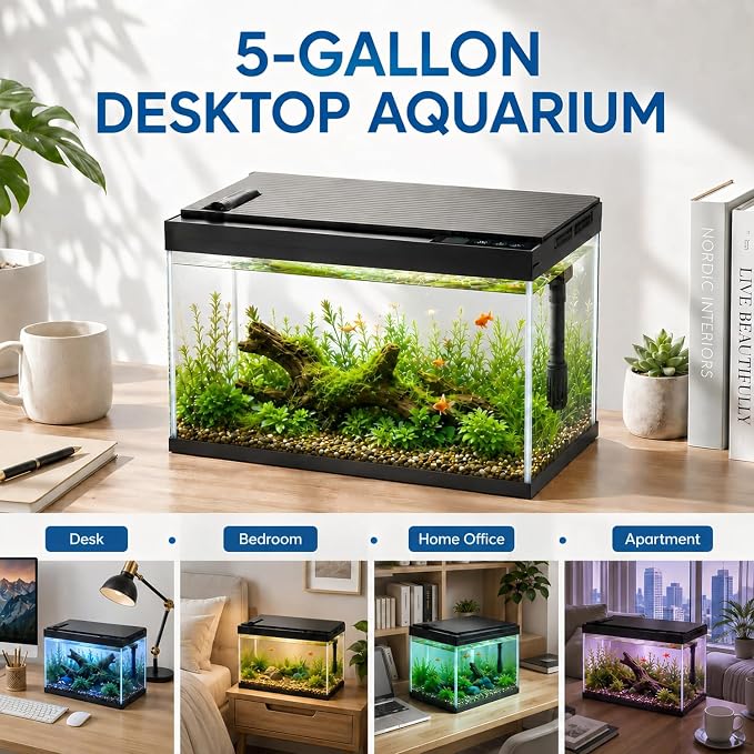 5 Gallon Fish Tank with Auto Feeder, Aquarium Starter Kit with Self Cleaning Filter, Crystal-Clear Glass, 8-Color LED Light, 5-Minute Setup, Vacation-Ready Betta & Goldfish Tank for Desk & Office