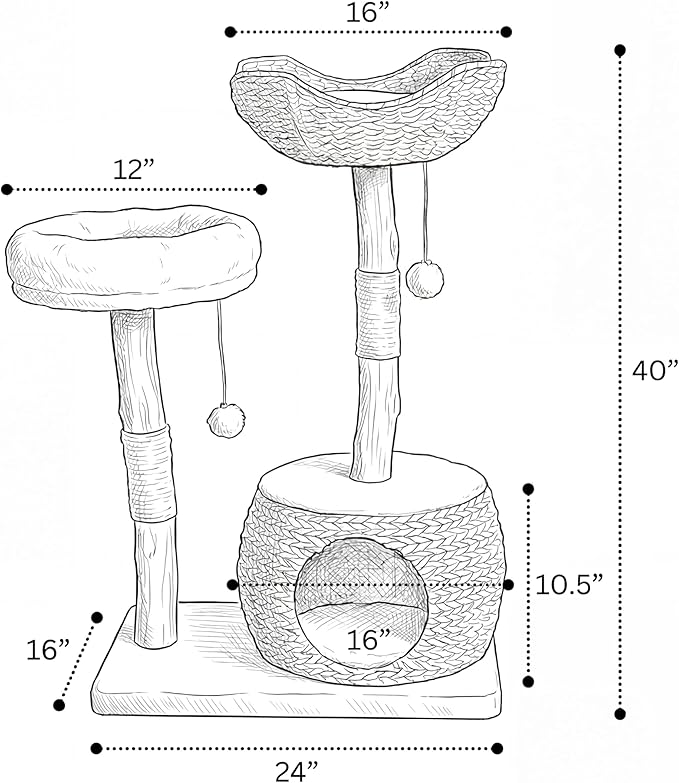 Leo & Lexi Modern Cat Tree Tower with Cave, Real Wood Cat Scratching Post with Bed for Indoor Cats Large Adult, Solid Wooden Climbing Tower, Cute Condo, Aesthetic Stand, Boho Luxury Pet Furniture
