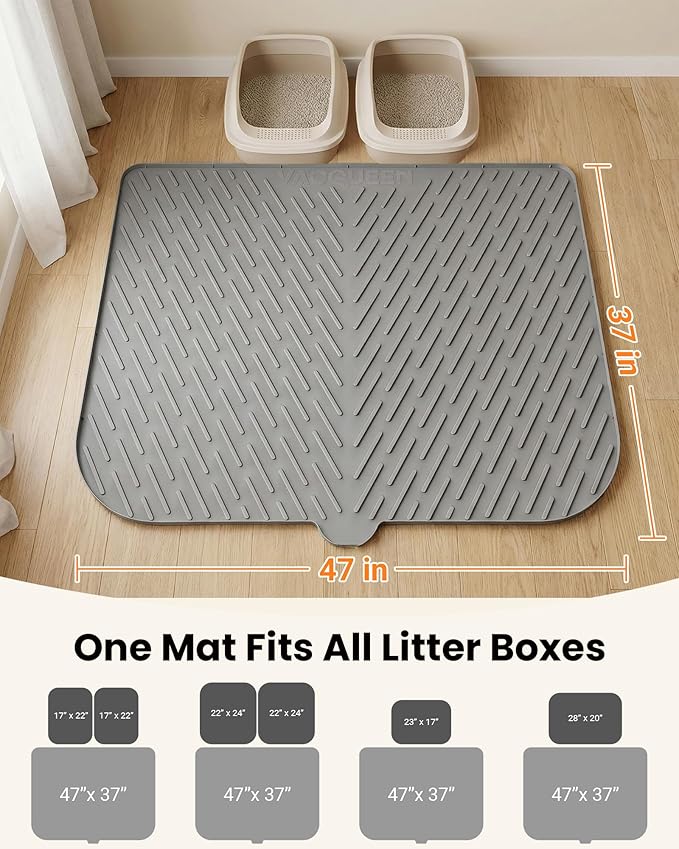 Cat Litter Box Mat, 47" x 37" Extra Large Cat Litter Mat, Silicone Waterproof Litter Trapping Mat for Scatter Control Soft on Kitty Paws Non-Slip Easy to Clean(Grey)