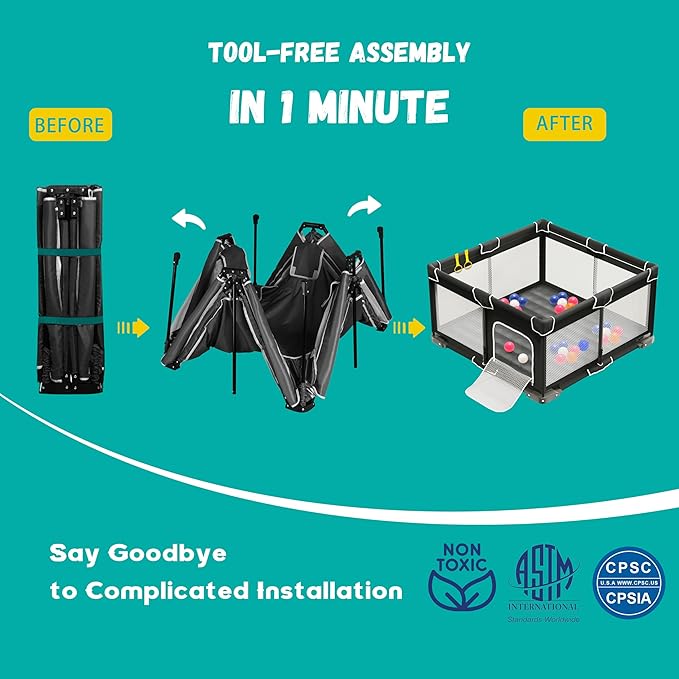 ICAREWAY Foldable Playpen for Babies and Toddlers, 50x50 Inches Portable Playpen, Kids Collapsible Play Pen with 2 Handlers, Indoor & Outdoor Baby Fence Play Area with Visible Mesh, Black