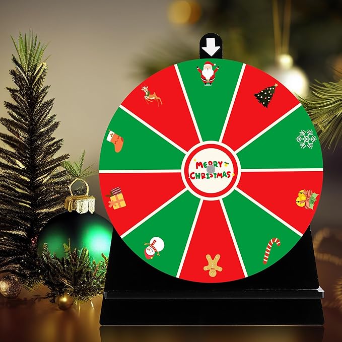 iobiotio Christmas Party Spinning Prize Wheel, 8 inch Game Spinner Wheel for Prizes with Stand, 10 Slots Color Small Tabletop Roulette Spinner, Easy Assembly and Erasable, Portable