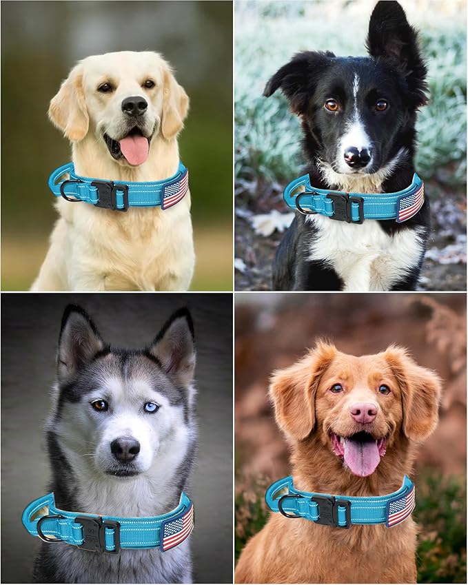 AUBELL Reflective Tactical Dog Collar,Adjustable Military Heavy Duty K9 Collars with Handle and Quick Release Metal Buckle Great for Large Dogs, with Airtag Case and 2 Patches (Blue,L)