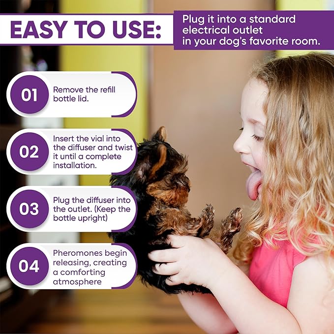 TopSum Calming Diffuser for Dog: Dog Pheromones Calming Diffuser Plug for Stress, Barking, Chewing, Pee Accidents & Separation Behaviors (Purple– 4 Refills)