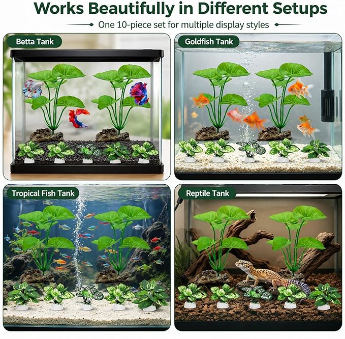 10 Pack Silk Aquarium Plants Fish Tank Decorations - Soft Fin-Safe Fish Tank Plants Large Aquarium Decor for 5-40 Gallon Betta, Goldfish & Reptiles Tanks Accessories