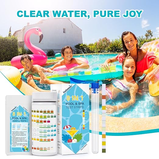 Salt-Water Pool Test Strips Kit: 150 Counts 8-in-1 for Salt Water Pool Testing Kit, Salt Pool Test Strips for Hot Tub Spa Testing Salt Chlorine pH and More