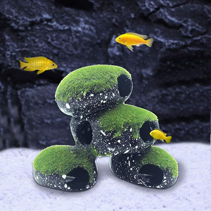 PINVNBY Stone Aquarium Hideaway Decoration Resin Cichlids Rock Decor with Artificial Moss Betta Cave Hideout Shelter Tunnel Fish Tank Ornament for Shrimp,Short Bream and Crayfish(L)